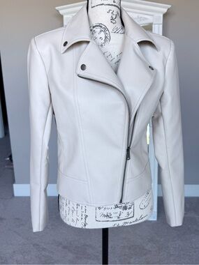 Cream Faux Leather Moto Jacket Minimalist Chic - XS